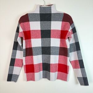 Tahari Women Plaid‎ Turtleneck Sweater Red Gray XS Stretch Casual Thick Check